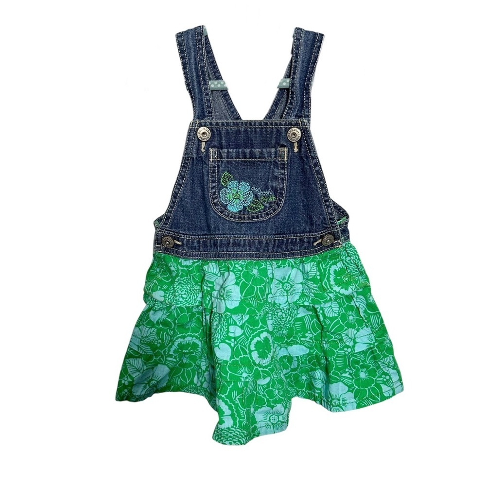 Oshkosh B’Gosh Green Floral Denim Overall Dress